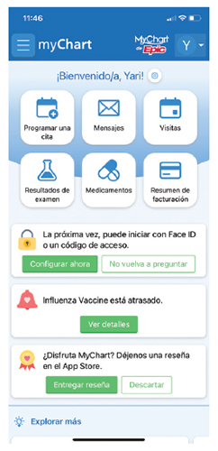 Página de inicio de la aplicación móvil MyChart