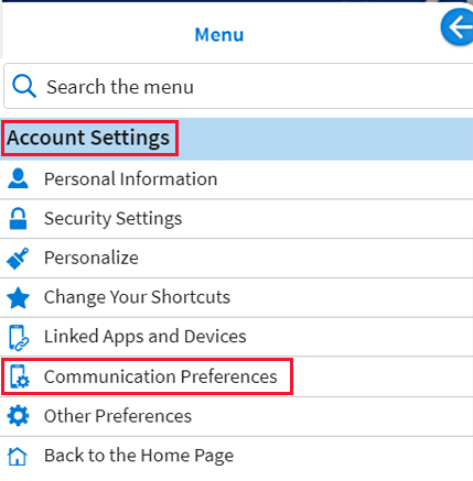 The expanded myChart menu is shown with the text 'Account Settings' and 'Communication Preferences' outlined in red.