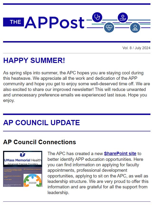 A screenshot of the APPost newsletter with articles about Happy Summer and AP Council Update.