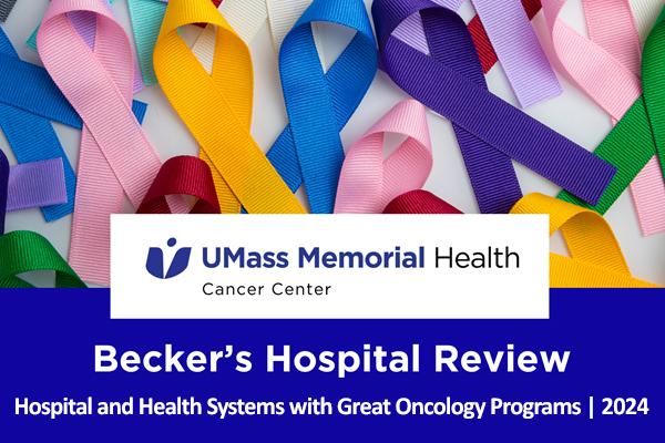 Multicolored cancer-related ribbons signify Becker's Hospital Review's recognition of Umass Memorial Health's great oncology program on it's 2024 list.