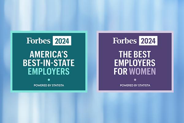 Two Forbes badges recognizing 2024 achievements for UMass Memorial Health: America's Best in Sate Employers and The Best Employers for Women 