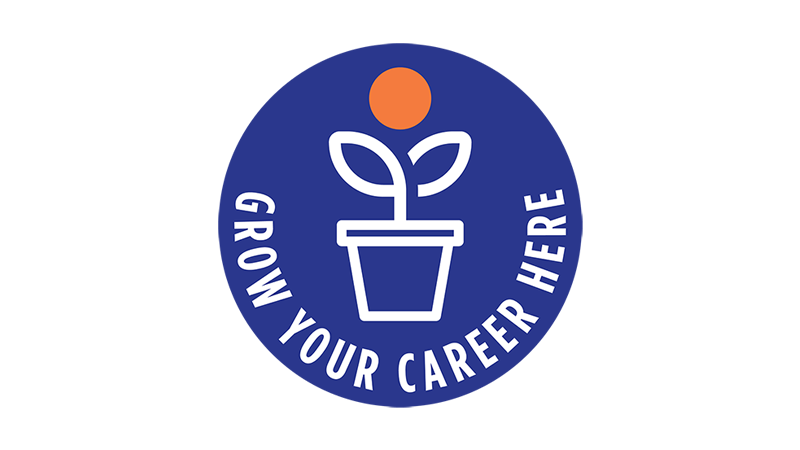 The round image with the words, "Grow Your Career Here" below an illustration of a flower growing in a pot.