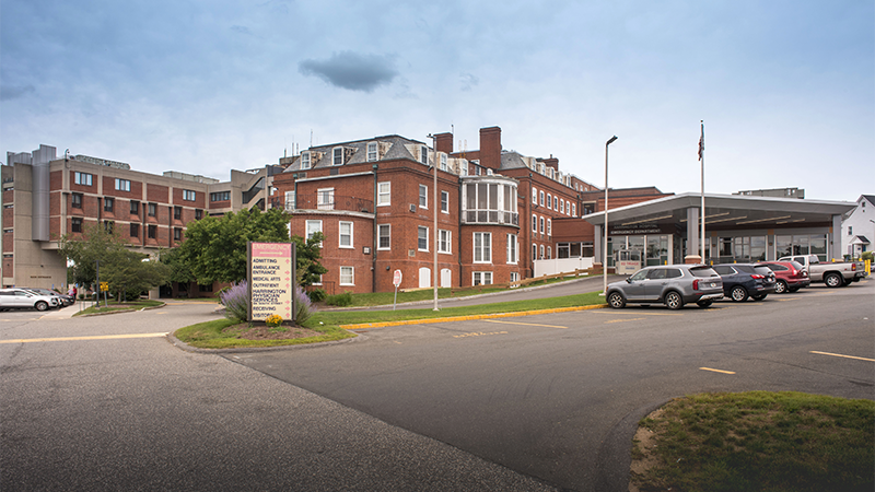 Harrington Hospital main entrance, as seen from the parking lot.