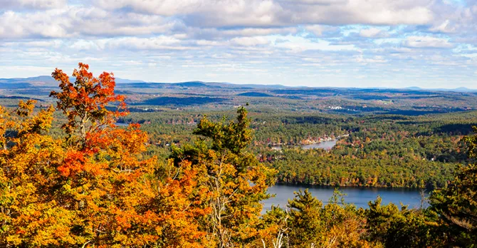 Colorful fall foliage is shown over Marlborough from atop a nearby hill.