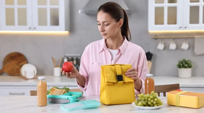 Woman at a kitchen counter prepping her lunch with healthy foods 