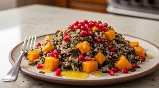 wild rice, butternut squash, and pomegranate seeds on a ceramic plate on a kitchen counter