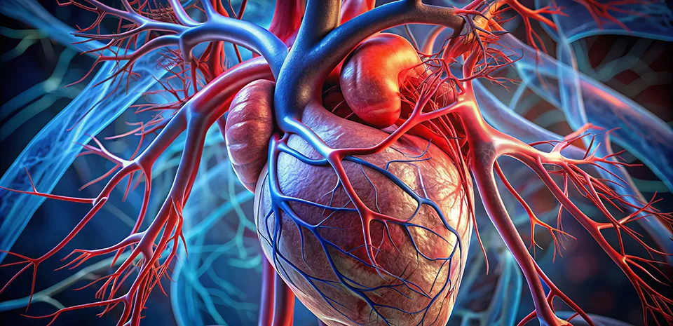 A red and blue closeup representation of a heart and vascular system.