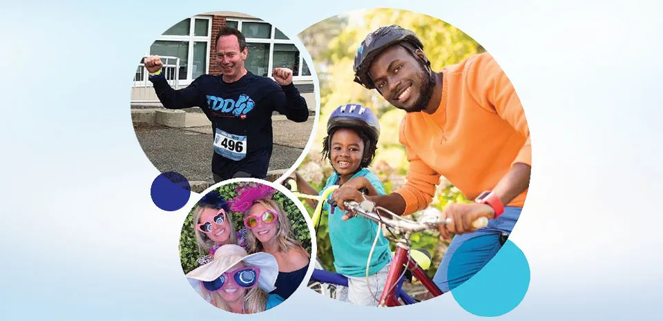 A father and daughter riding bicycles, a marathon runner and three young women dressed-up in fun hats and sunglasses represent examples of community fundraising events.