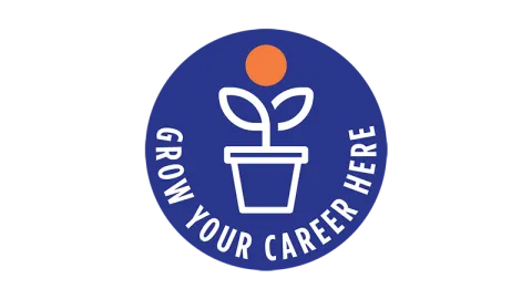 The blue round image with the words, 'Grow Your Career Here' below an illustration of a flower growing in a pot.