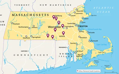 Map of Massachusetts showing locations throughout Central Mass