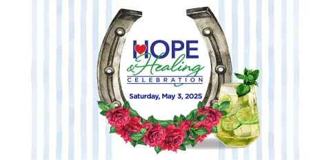 The 2025 event has a Kentucky Derby theme which is represented by inverted horseshoe, mint julep, and red roses.