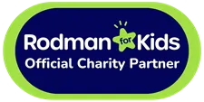 Dark blue and green Rodman for Kids Official Charity Partner logo.